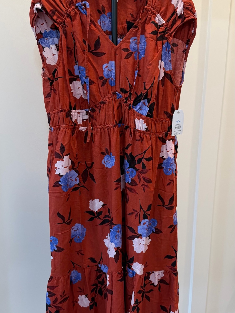 Time and Tru Rust Red Floral Midi Dress with Blue & White Blooms